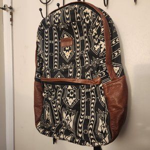 Billabong Black & White Southwestern Pattern & Brown Faux Leather Backpack